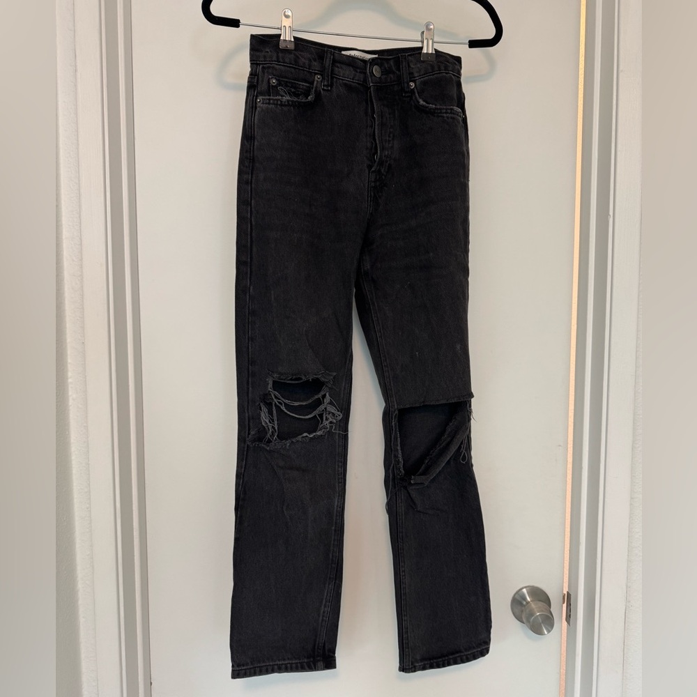 Reformation straight leg high rise jeans with knee rip